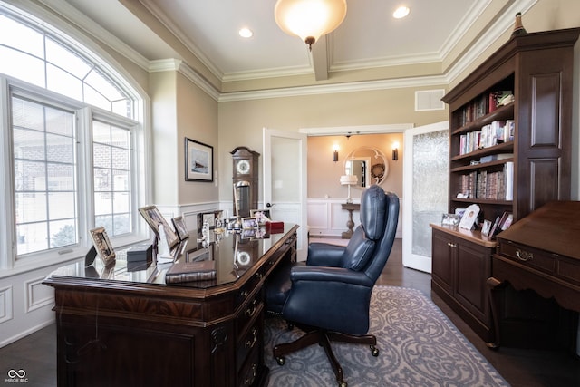 office area featuring ornamental molding and dark hardwood / wood-style flooring