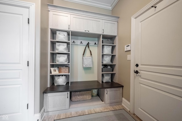 mudroom featuring hardwood / wood-style flooring and ornamental molding