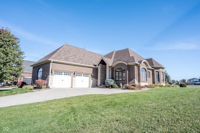 french country inspired facade featuring a garage and a front lawn