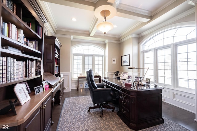 office featuring coffered ceiling, ornamental molding, dark hardwood / wood-style flooring, and beam ceiling