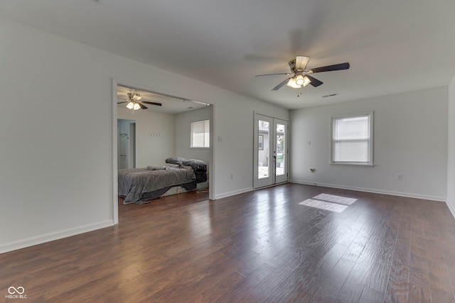 unfurnished bedroom with french doors, ceiling fan, access to outside, and dark hardwood / wood-style floors