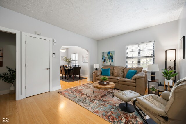 living room featuring a textured ceiling and light wood-type flooring