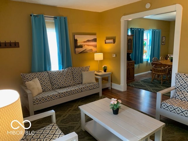 living room featuring a healthy amount of sunlight and dark hardwood / wood-style flooring