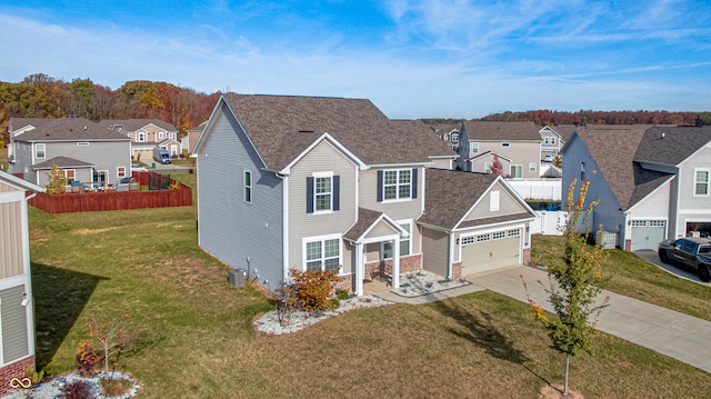 view of front of property featuring a garage, central air condition unit, and a front lawn