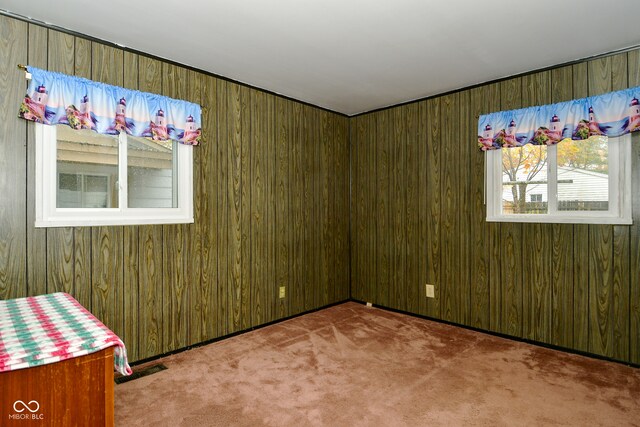 carpeted empty room with wood walls