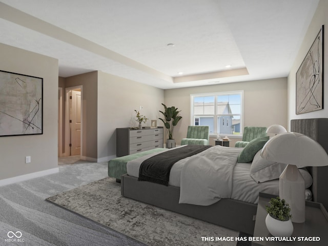 carpeted bedroom with a raised ceiling