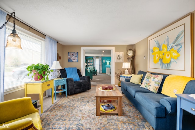 living room featuring carpet and a textured ceiling