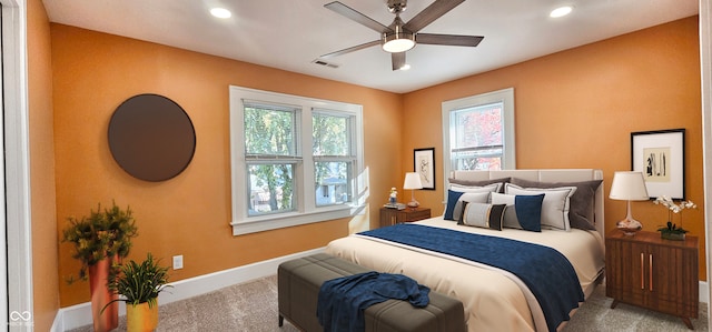 bedroom featuring ceiling fan and carpet floors