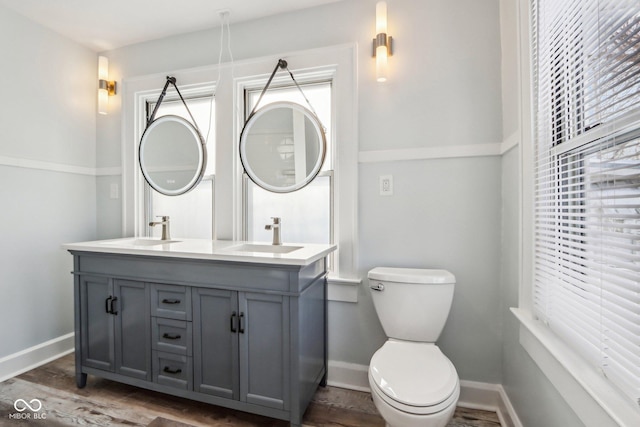 bathroom with wood-type flooring, vanity, and toilet