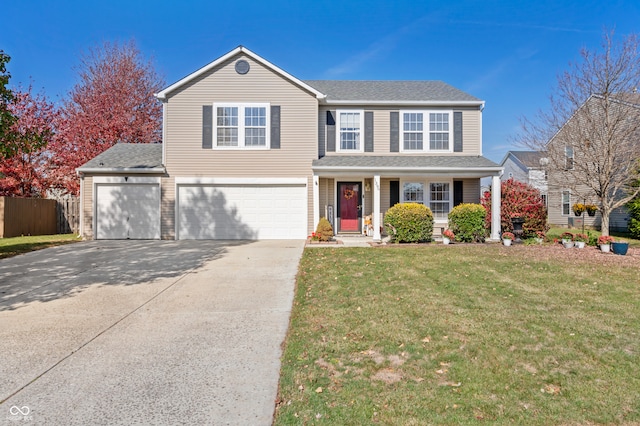 view of front of property with a garage and a front lawn