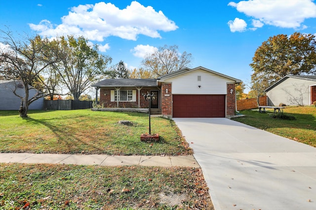 ranch-style home featuring a garage and a front lawn