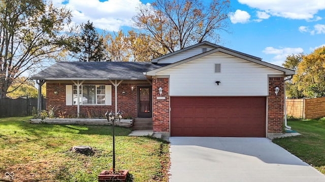 single story home with a front yard and a garage