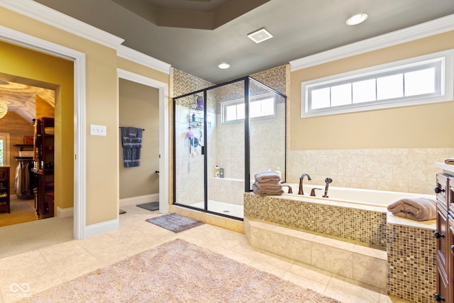 bathroom featuring tile patterned flooring, crown molding, and plus walk in shower