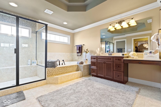 bathroom featuring tile patterned floors, crown molding, vanity, and shower with separate bathtub