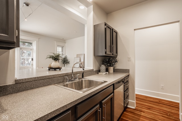 kitchen featuring dark brown cabinets, dishwasher, sink, and dark wood-type flooring