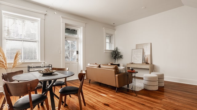 interior space featuring a healthy amount of sunlight, vaulted ceiling, and hardwood / wood-style floors