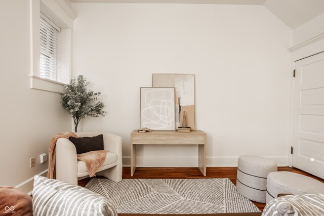 living area featuring lofted ceiling and hardwood / wood-style flooring