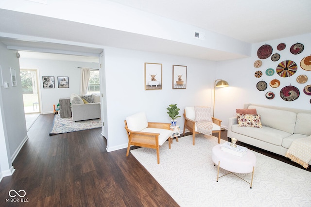 living room featuring dark wood-type flooring