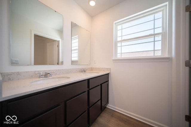 bathroom with hardwood / wood-style flooring and vanity