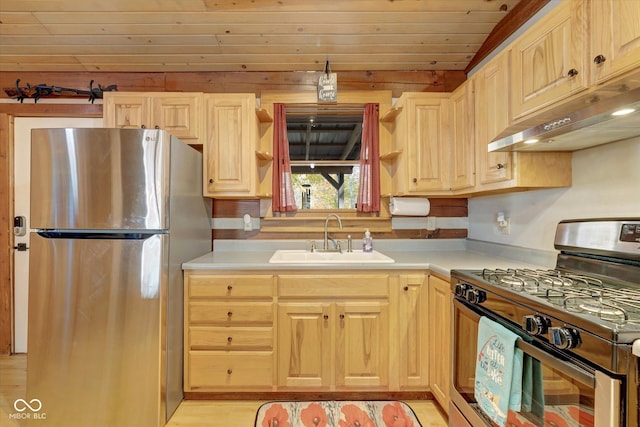 9300 Derrett Rd, Unionville, IN 47468 - kitchen featuring stainless steel appliances, under cabinet range hood, light countertops, wood ceiling, and light brown cabinetry
