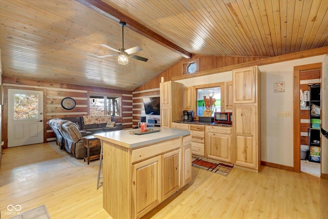 9300 Derrett Rd, Unionville, IN 47468 - kitchen with light brown cabinets, light wood-type flooring, a ceiling fan, a center island, and wood ceiling