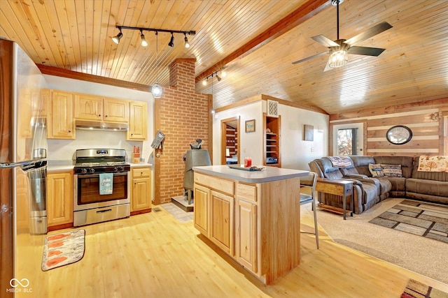 9300 Derrett Rd, Unionville, IN 47468 - kitchen with stainless steel appliances, rail lighting, light brown cabinetry, under cabinet range hood, and open floor plan