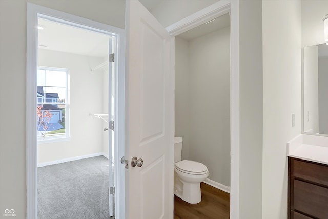 bathroom featuring vanity, toilet, and wood-type flooring