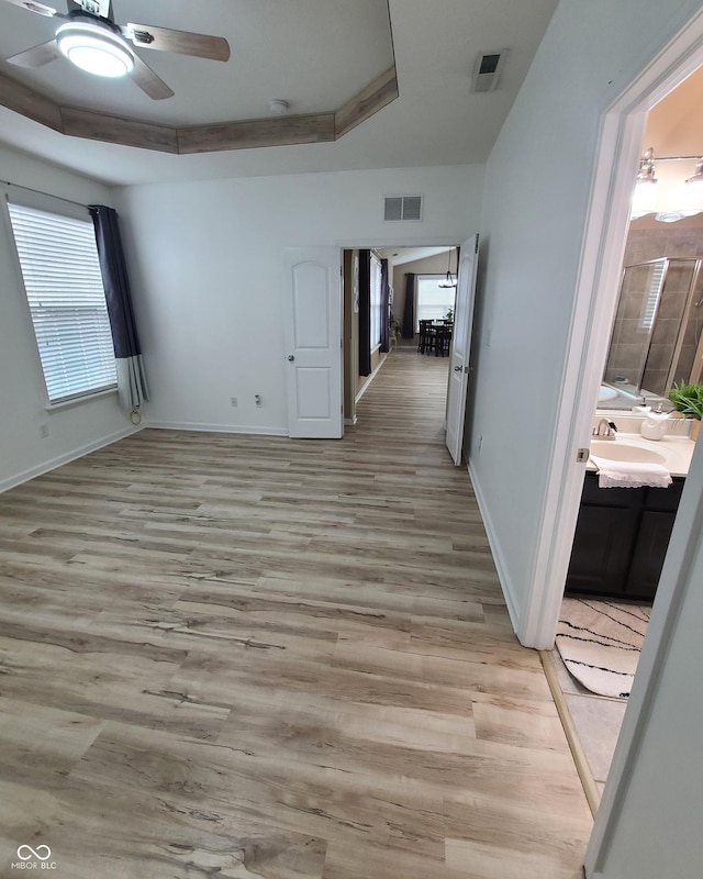 hall with a tray ceiling, light hardwood / wood-style flooring, and sink