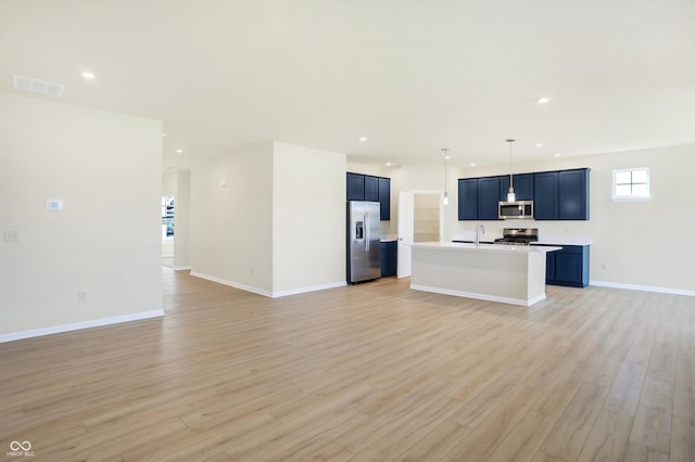 unfurnished living room with sink and light hardwood / wood-style flooring