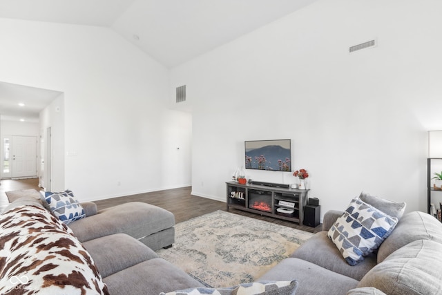 living room with hardwood / wood-style flooring and high vaulted ceiling