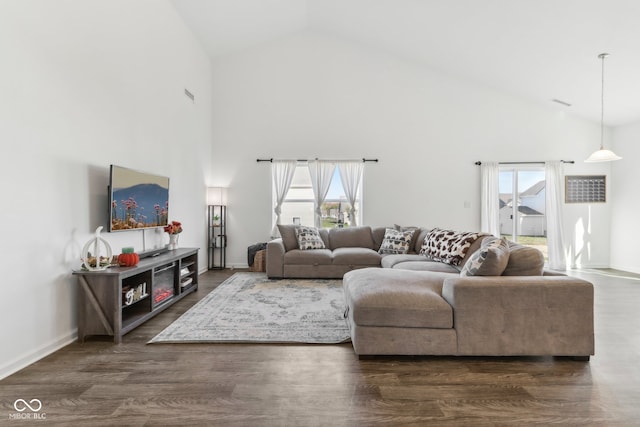 living room featuring high vaulted ceiling and dark hardwood / wood-style flooring