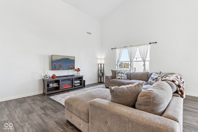 living room with high vaulted ceiling and wood-type flooring