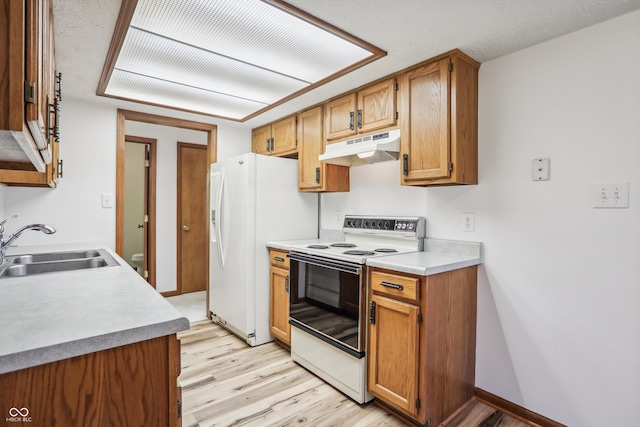 kitchen featuring sink, light wood-type flooring, and white appliances