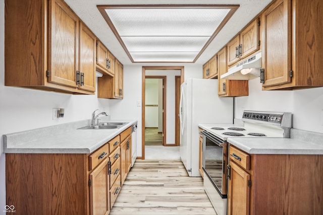 kitchen with electric stove, sink, light wood-type flooring, and dishwasher