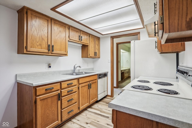 kitchen with light hardwood / wood-style flooring, sink, and white appliances