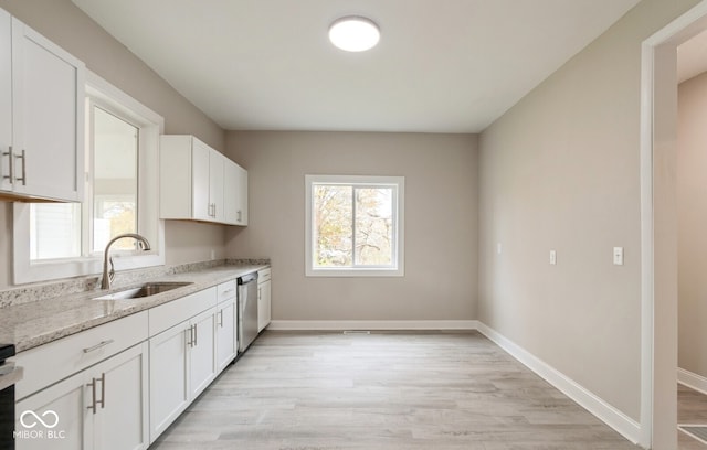 kitchen with stainless steel dishwasher, white cabinets, sink, and light hardwood / wood-style floors