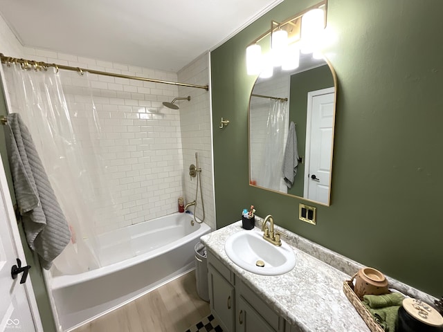 bathroom featuring vanity, shower / bath combo, and hardwood / wood-style flooring