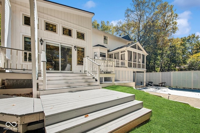 6902 Creekridge Trl, Indianapolis, IN 46256 - wooden terrace featuring a sunroom and stairway