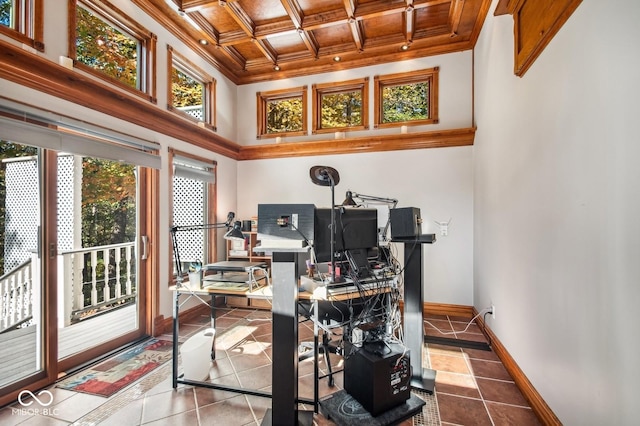 tiled office space with beamed ceiling, crown molding, wooden ceiling, and coffered ceiling