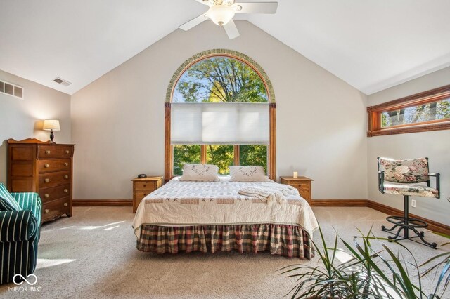 6902 Creekridge Trl, Indianapolis, IN 46256 - carpeted bedroom with baseboards, high vaulted ceiling, and ceiling fan