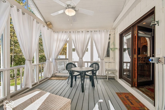 sunroom featuring ceiling fan and wood ceiling