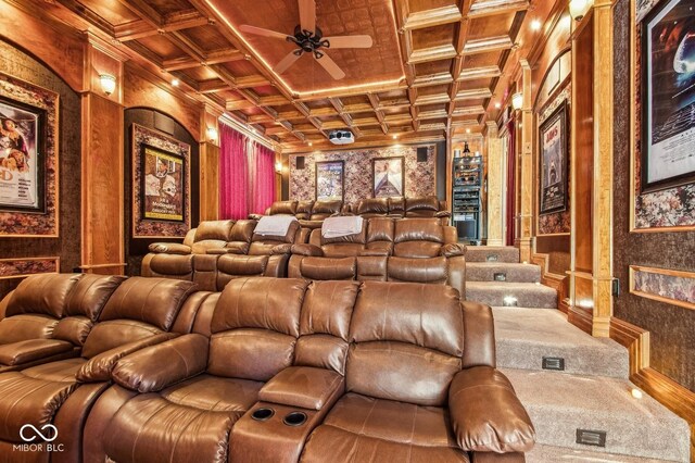 6902 Creekridge Trl, Indianapolis, IN 46256 - cinema room featuring coffered ceiling, ornamental molding, ceiling fan, carpet, and wood ceiling with exposed beams