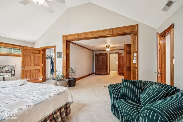 6902 Creekridge Trl, Indianapolis, IN 46256 - bedroom featuring light carpet, a spacious closet, a ceiling fan, baseboards, and high vaulted ceiling