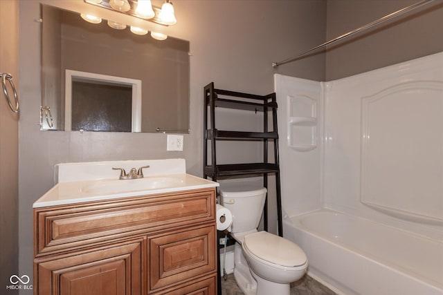 bathroom featuring shower / bathtub combination, toilet, and vanity