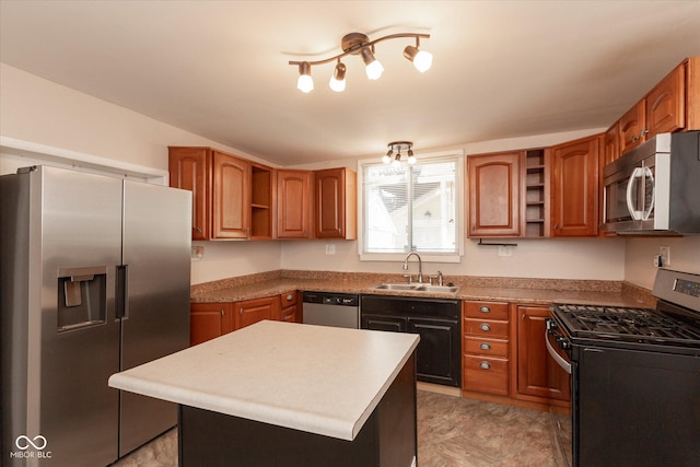 kitchen featuring a kitchen island, open shelves, a sink, appliances with stainless steel finishes, and brown cabinets