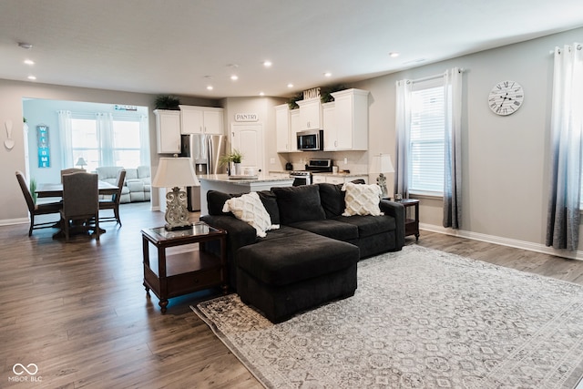 living room with dark wood-type flooring