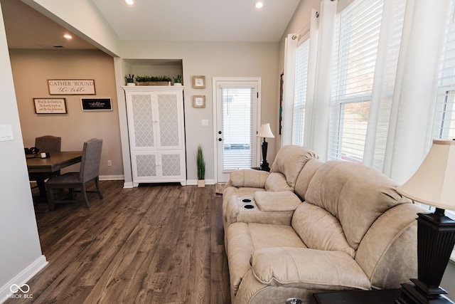 living room with lofted ceiling and dark hardwood / wood-style flooring