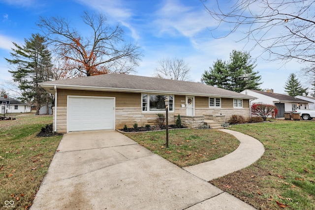 ranch-style house with a front lawn and a garage