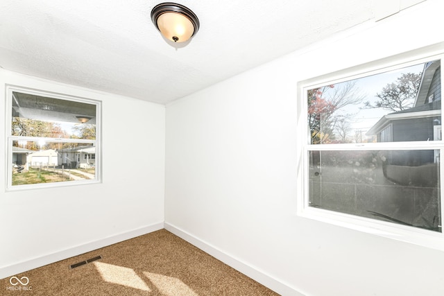 unfurnished room featuring a textured ceiling and carpet flooring