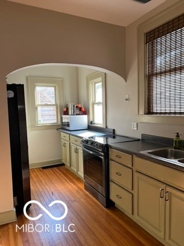 kitchen featuring sink, light wood-type flooring, and stainless steel range with electric stovetop